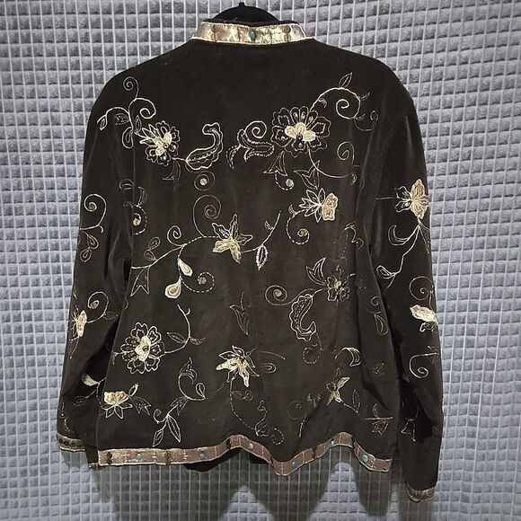 Brown Embroidered Floral Velvet Jacket SzXL Chicos 3 Gold Asian Beaded Boho Glam - Picture 11 of 16